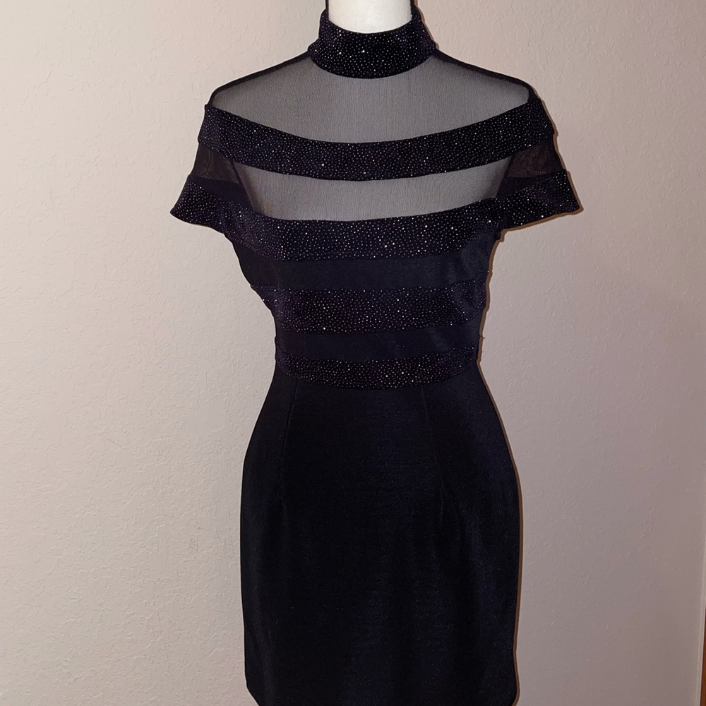 Betsy & Adam Black Mesh Yoke Mini Dress with Rhinestone Stripes